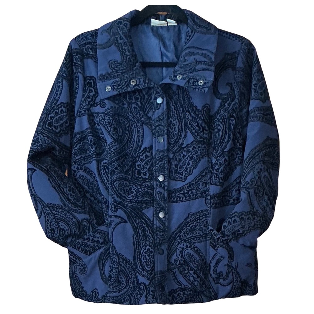 Zenergy by Chicos Blue Black Paisley Flocked Velvet Snap Jacket Fairy Whimsy SzS